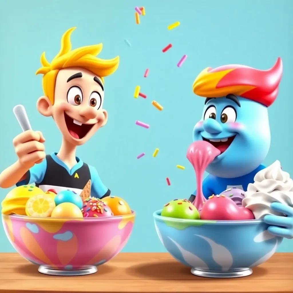 Timmy and Mr. Scoops with big bowls of colorful ice cream, mixing various flavors, sprinkles and whipped cream being added, vibrant colors and joyful expressions, detailed