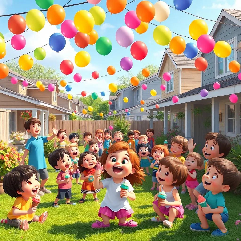 A backyard filled with kids from the neighborhood, colorful balloons in the air, everyone with ice cream cones, laughter and joy all around, cheerful and lively setting, high quality