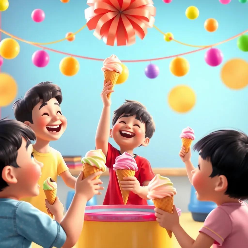 Kids laughing as they participate in games like ice cream cone toss, colorful decorations around, fun atmosphere, children with ice cream cones, vibrant colors, joyful