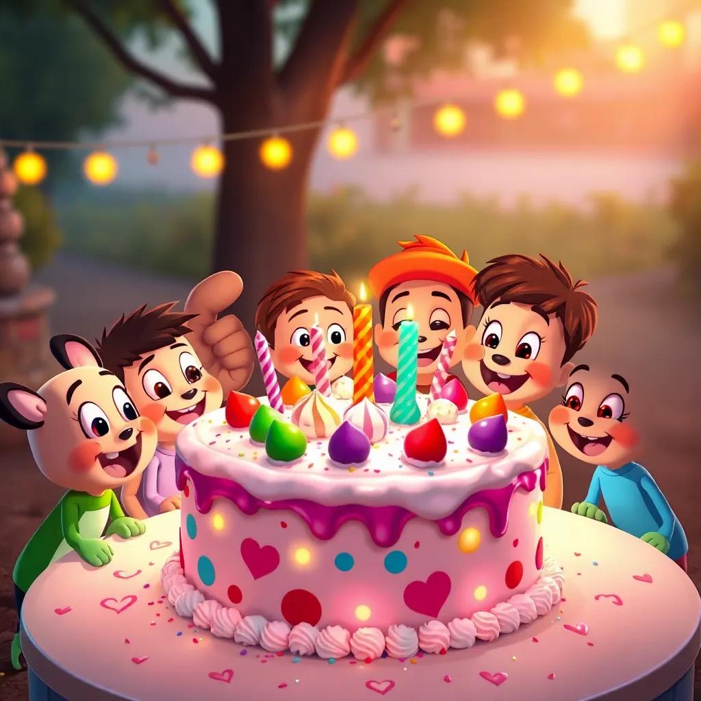 Timmy and friends gathered around a huge ice cream cake, colorful and sparkling with different flavors, evening light, warm and joyful expressions, hearts filled with happiness, detailed