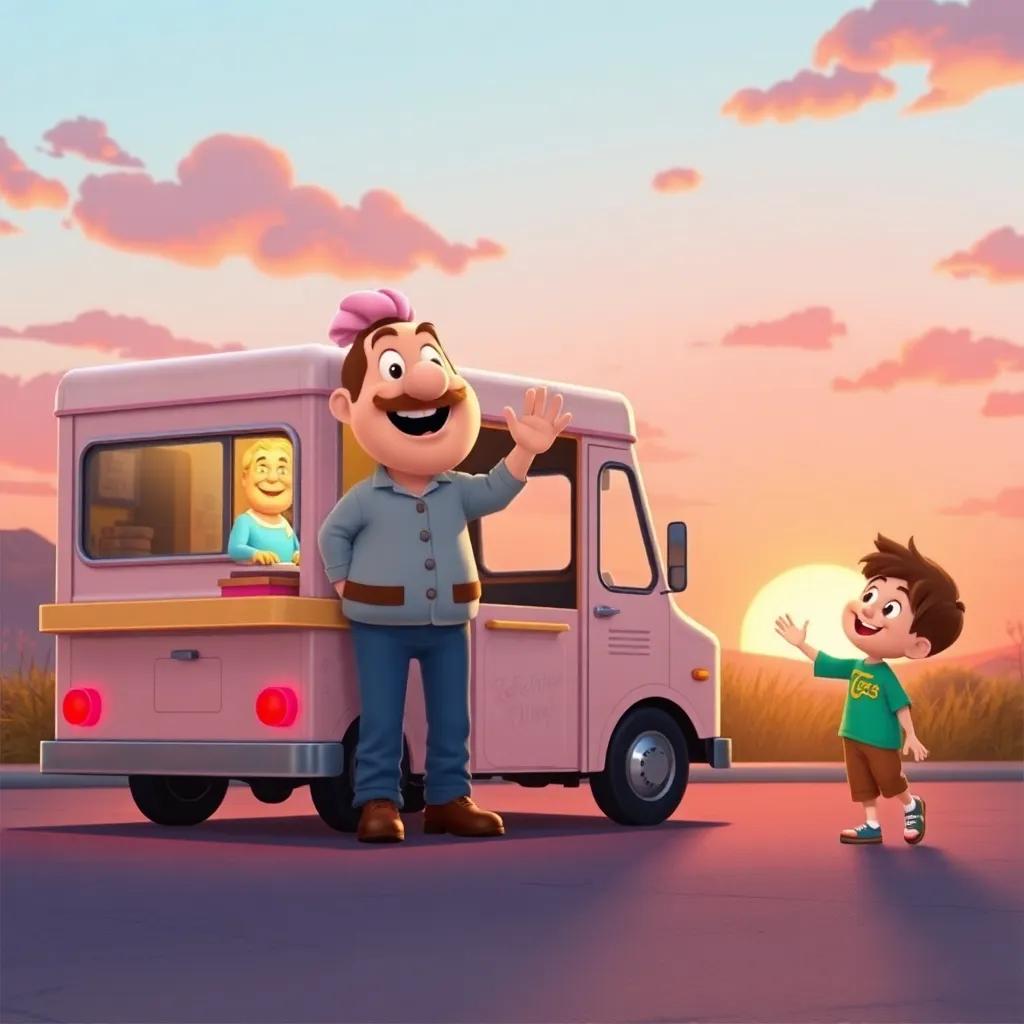 Mr. Scoops packing up the ice cream truck, waving goodbye to Timmy, cheerful farewell, sunset in the background, warm colors, heartwarming