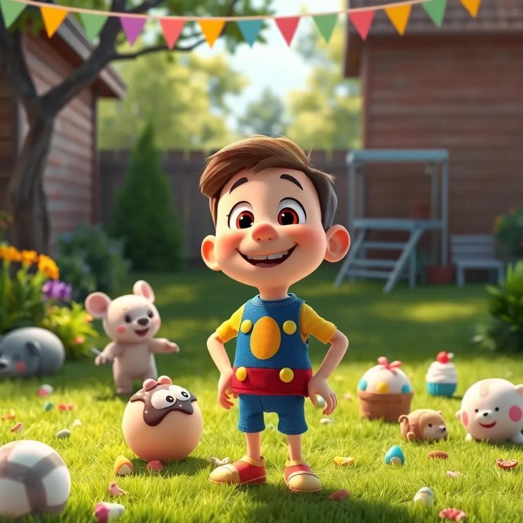 Timmy standing happily in the yard after the party, with friends and leftover ice cream, smiles all around, embracing the joy and friendship, bright and colorful scene