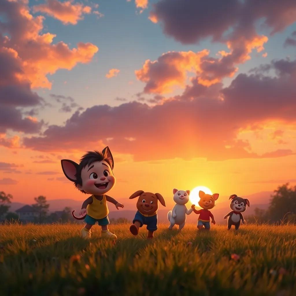 A beautiful sunset with Timmy and his friends playing happily in the background, warm colors, serene atmosphere, high quality, joyful memories
