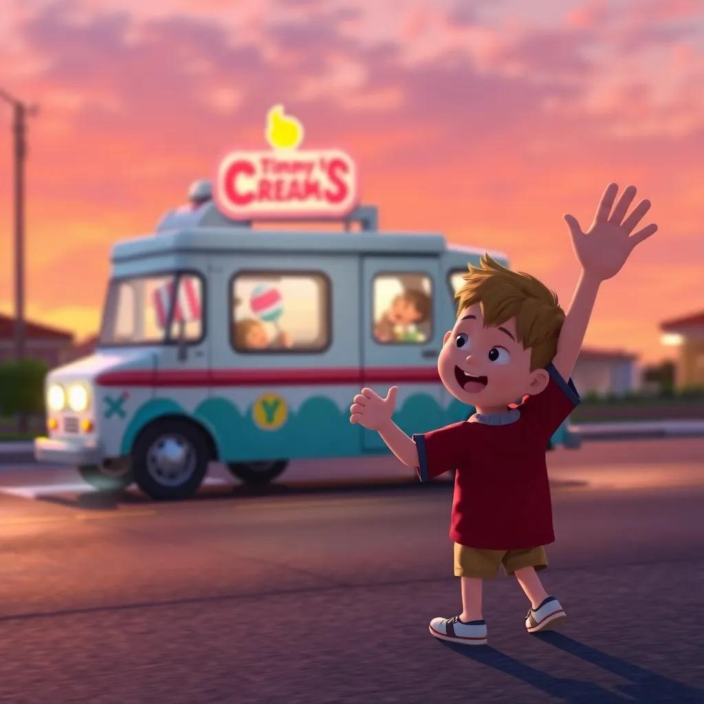 Timmy waving goodbye to the ice cream truck driving away, feeling proud and happy, sunset colors, heartwarming image of friendship, vibrant and joyful