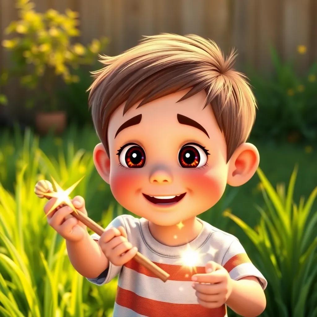 A cheerful boy named Timmy, with short brown hair and bright eyes, discovering a shiny magic wand in his backyard, surrounded by green grass, sunny day, digital art, colorful, warm light, cheerful atmosphere, high quality