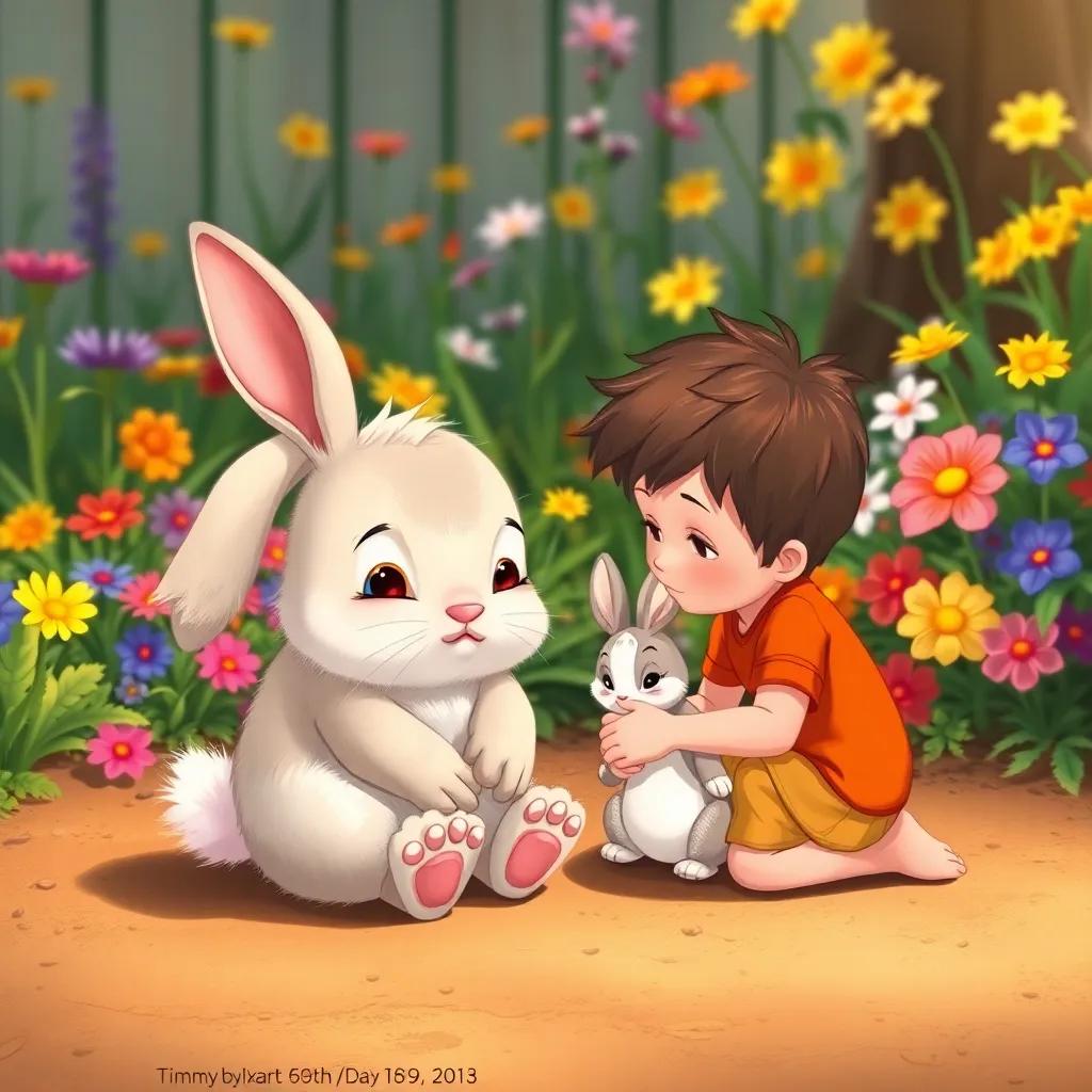 A little bunny with soft fur, sitting sadly on the ground, near a garden of colorful flowers, with Timmy kneeling beside it, comforting the bunny, detailed illustration, warm and friendly, inviting atmosphere, high quality