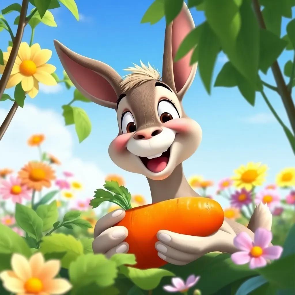 Timmy smiling widely as he finds a big, orange carrot hidden under leaves, with a backdrop of bright flowers and a blue sky, joyous scene, colorful, high-quality illustration