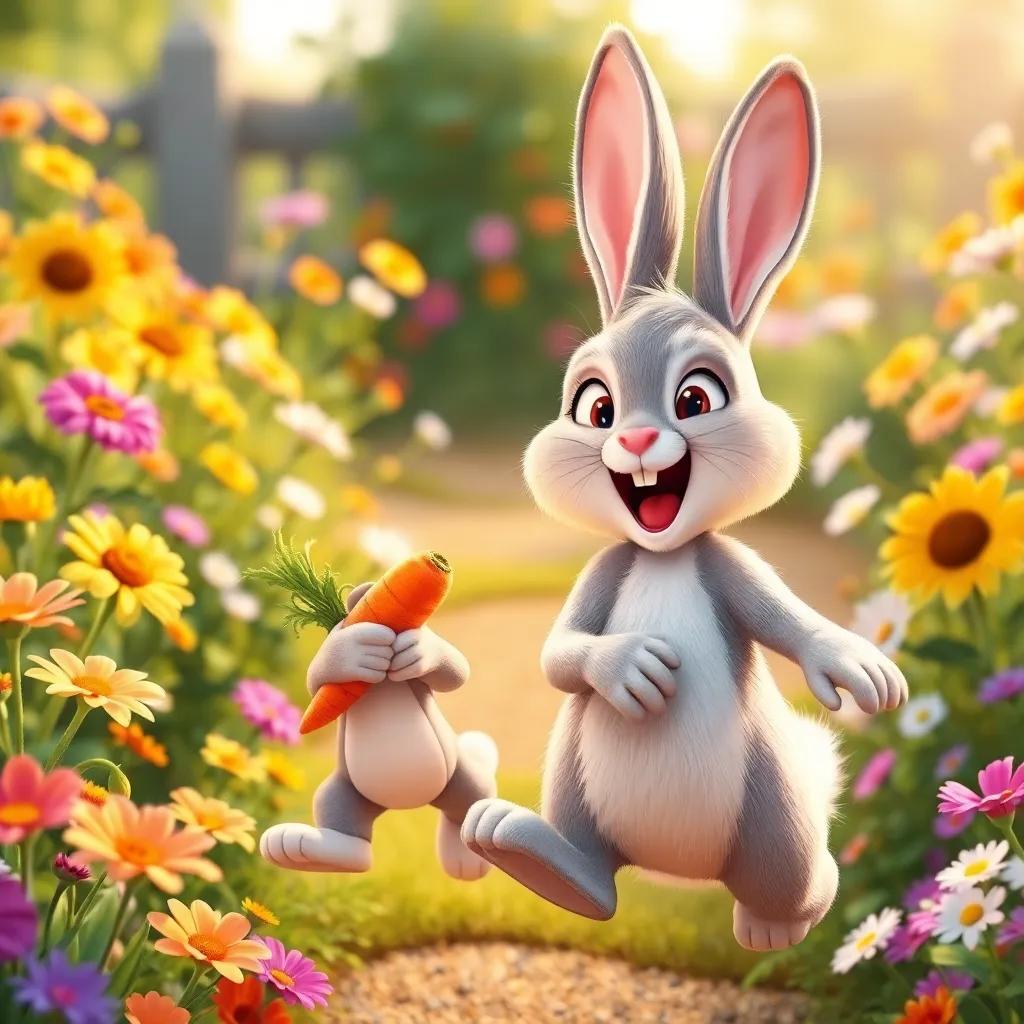 A happy bunny with sparkling eyes, jumping with joy, next to Timmy holding the carrot, in a cheerful garden filled with flowers, overwhelming warmth, joyful moment, high-quality art