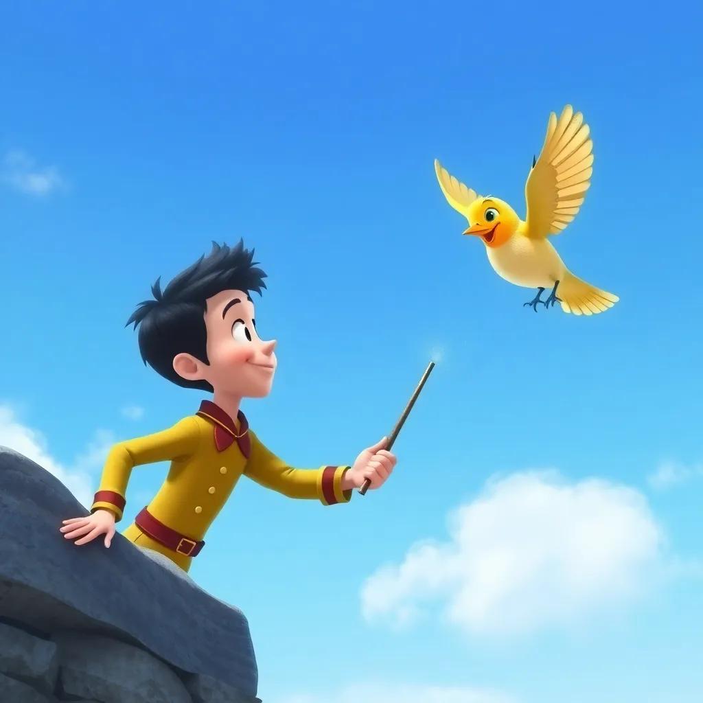Timmy helping a small bird to fly with breezy assistance from his magic wand, with the bird flapping its wings joyfully in the bright blue sky, detailed and colorful illustration, uplifting atmosphere, high quality