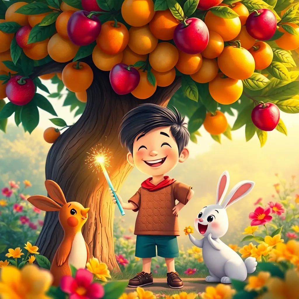 Timmy, a joyful boy with a glowing wand, standing under a big fruit-laden tree, sharing fruits with the bunny and the bird, surrounded by bright flowers, colorful and rich atmosphere, warm light, high-quality illustration
