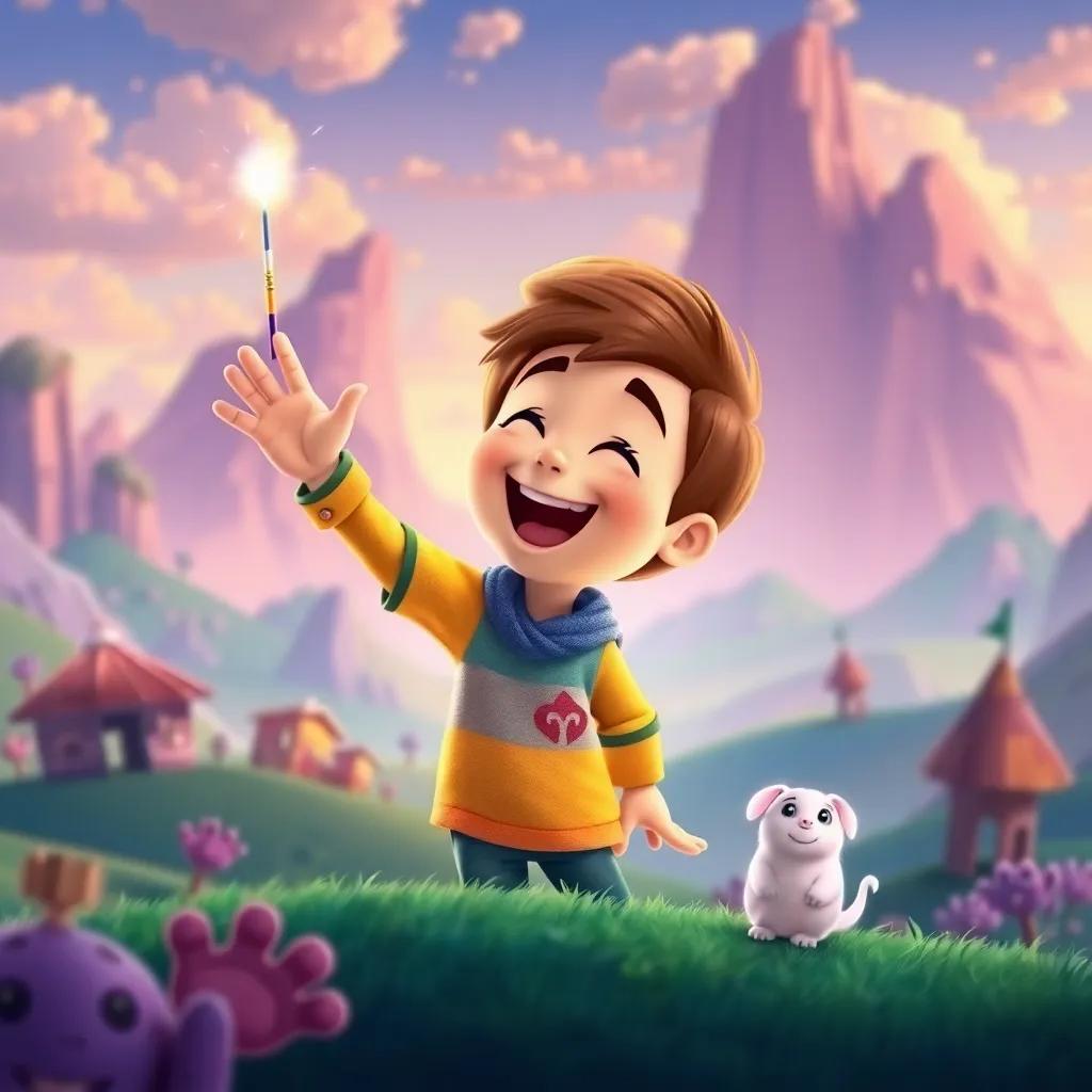 Timmy laughing and waving goodbye to his new friends, surrounded by colorful landscapes, magic wand in hand, feeling happy and fulfilled, bright and warm colors, dreamy atmosphere, high quality