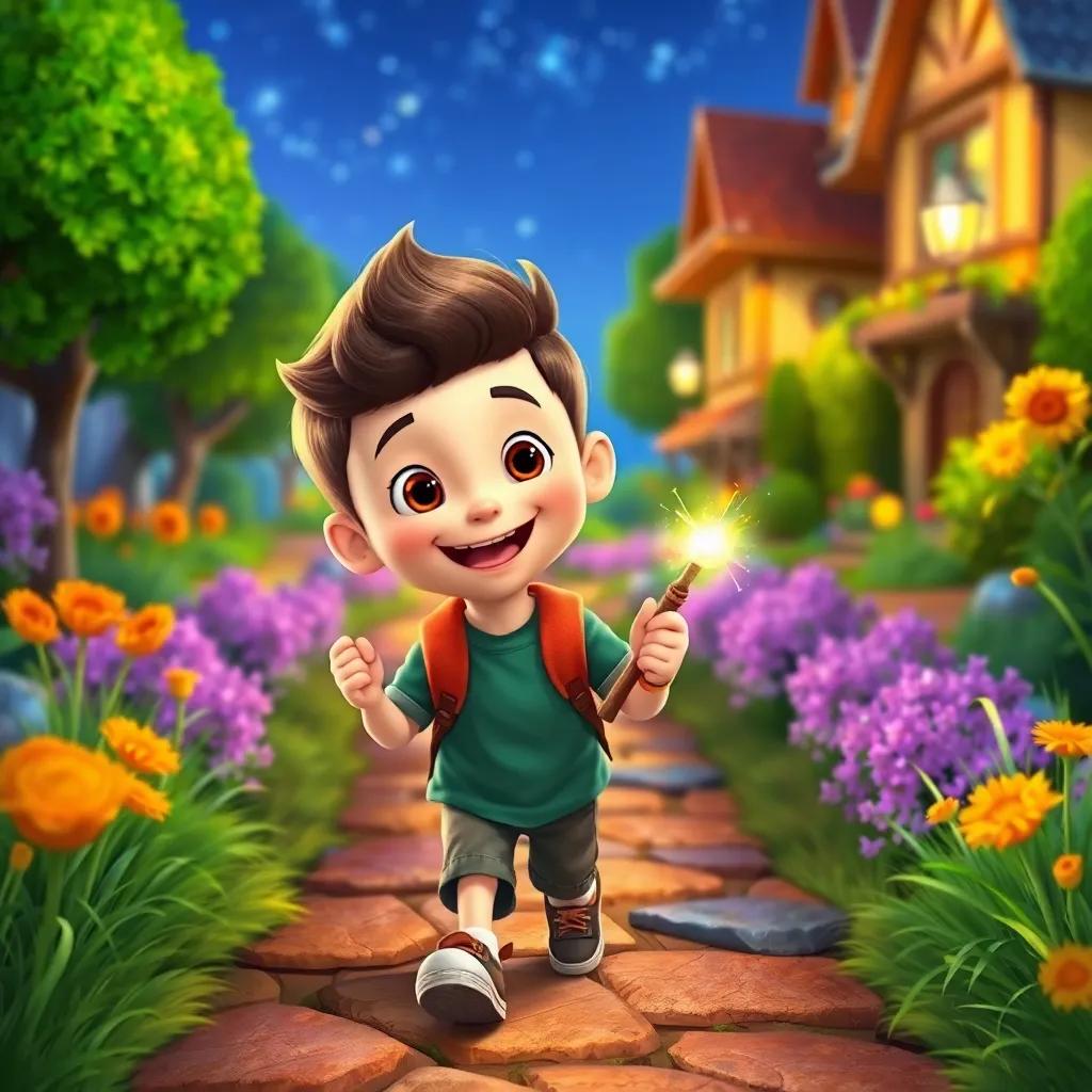 Timmy, a cheerful boy, holding his wand tightly as he walks back home through a colorful path, smiling with excitement and anticipation, beautiful scenery, enchanting atmosphere, high-quality illustration