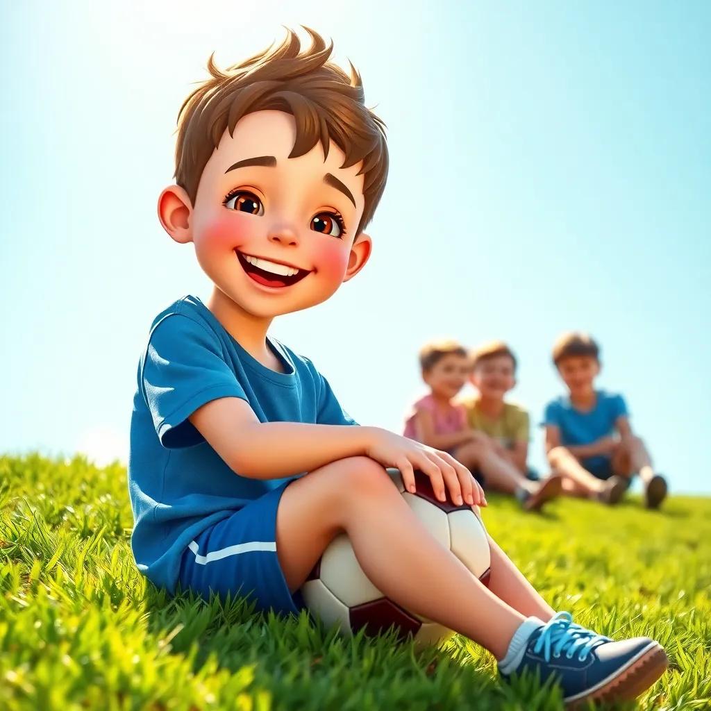 A cheerful young boy, Timmy, with short brown hair wearing a blue T-shirt and shorts, sitting on a grassy hill with a soccer ball, smiling while playing with friends in the sun, playful atmosphere, bright colors, cheerful