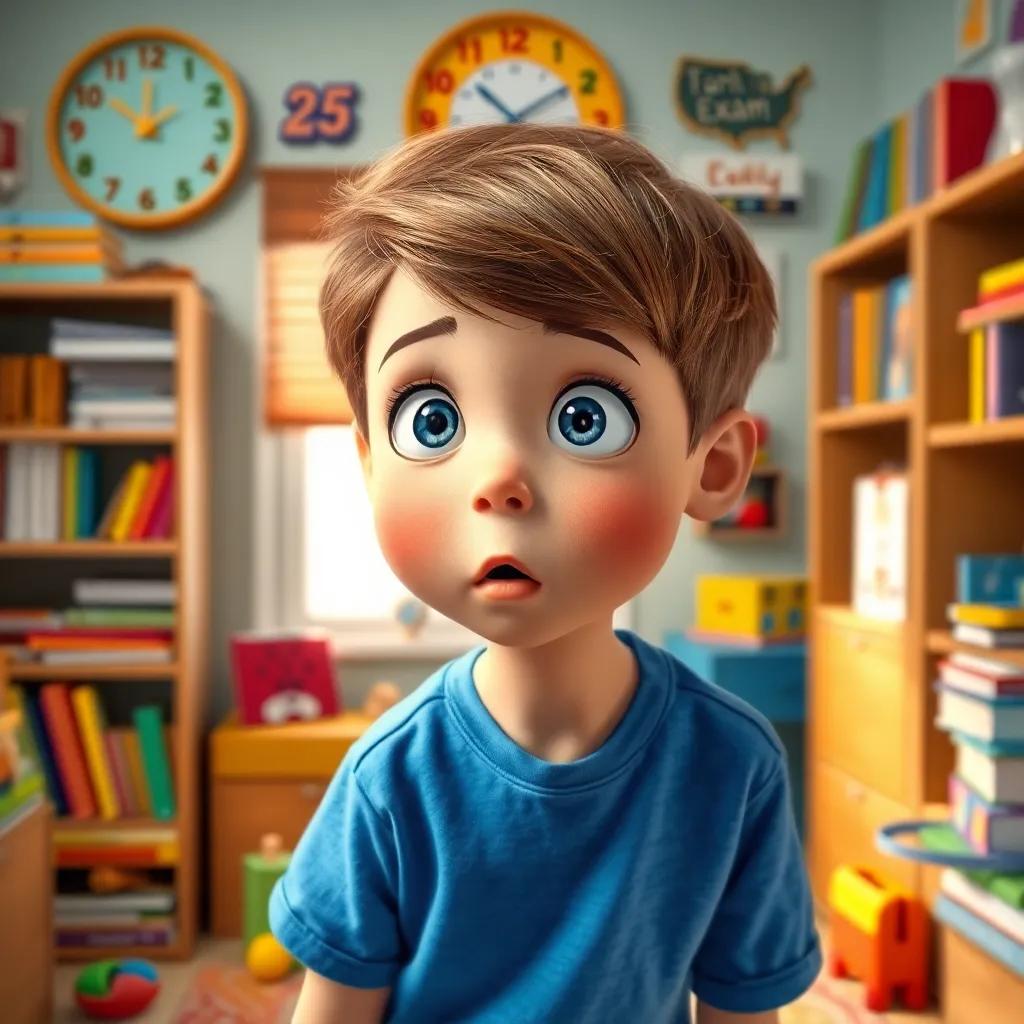 A young boy, Timmy, with short brown hair wearing a blue T-shirt and shorts, looking shocked in his bedroom filled with colorful books and toys, a colorful wall clock showing it's exam day, surprised expression, vibrant colors, dynamic view