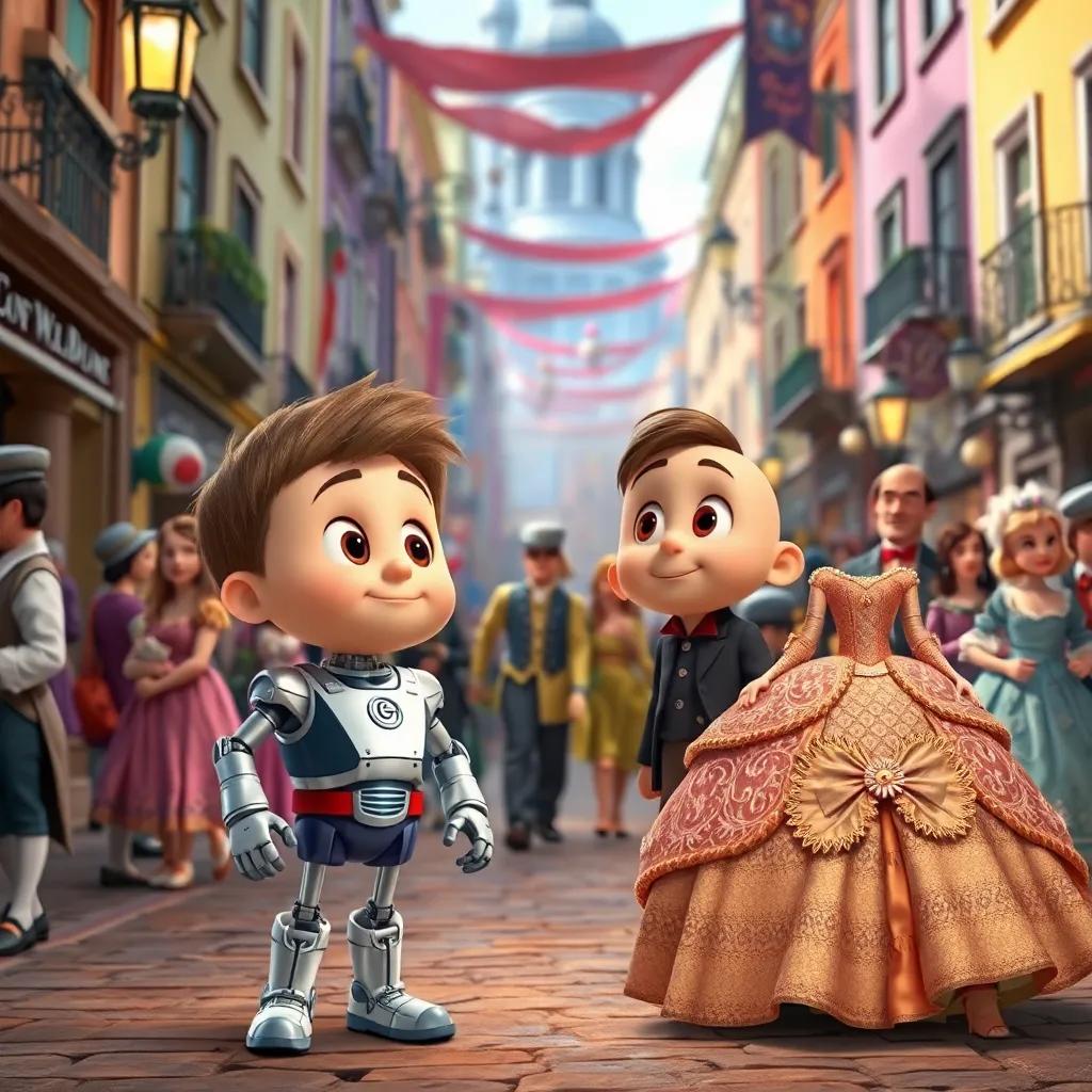Timmy and his robot in a bustling city with people in historical clothing, Timmy looks amazed, Marie Antoinette in a beautiful gown, cobblestone street, digital art, lively scene, vibrant colors, high quality