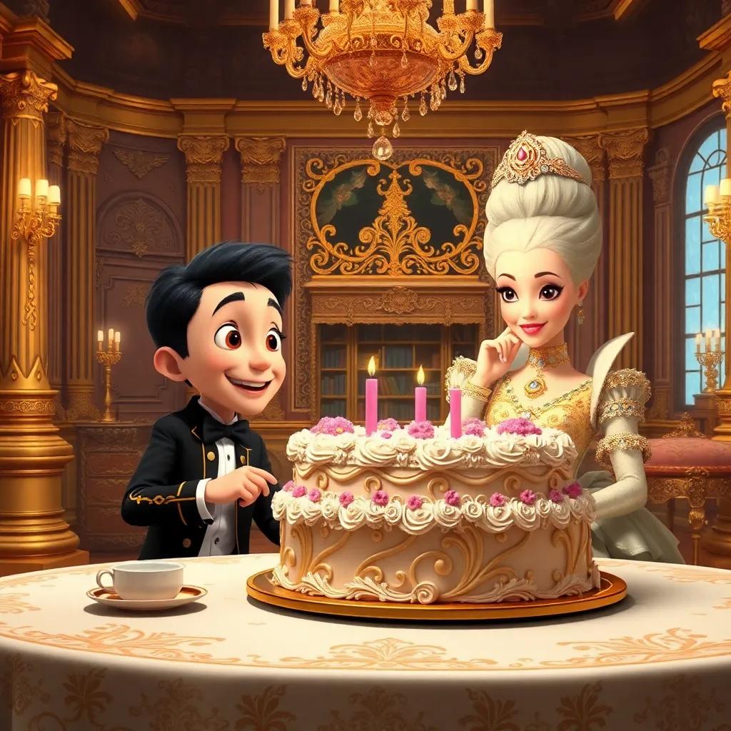 Timmy with Marie Antoinette enjoying a huge cake, a beautifully decorated table in a palace, golden details and elegant settings, Timmy looks happy, digital art, warm colors, inviting atmosphere, high quality