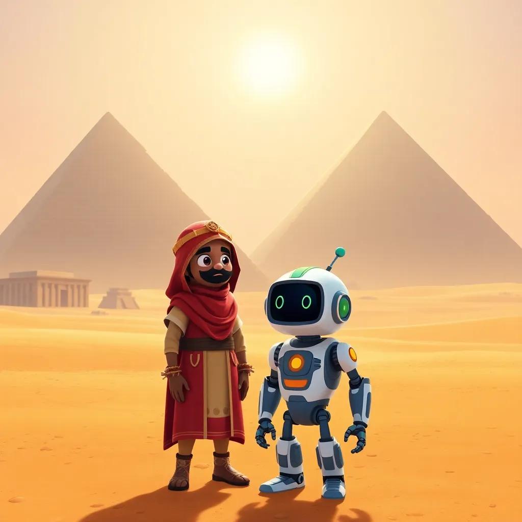 Timmy and his robot in front of the tall pyramids in Ancient Egypt, meeting Amir, who wears traditional clothing, Timmy looks fascinated, sandy landscape, bright sun, digital art, colorful, high quality
