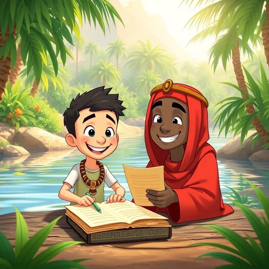 Timmy learning to write with Amir by the Nile River, showing papyrus paper, happy expressions, lush greenery around them, digital art, cheerful, bright atmosphere, high quality
