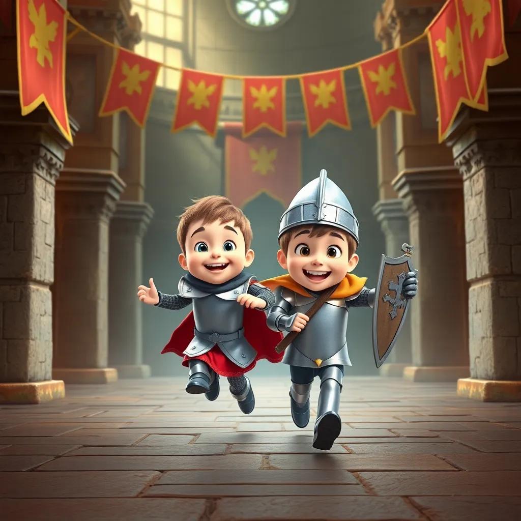 Timmy dressed as a knight with Lancelot in shining armor, in a grand castle, running and playing, banners hanging, joyful expressions, digital art, vibrant colors, high quality