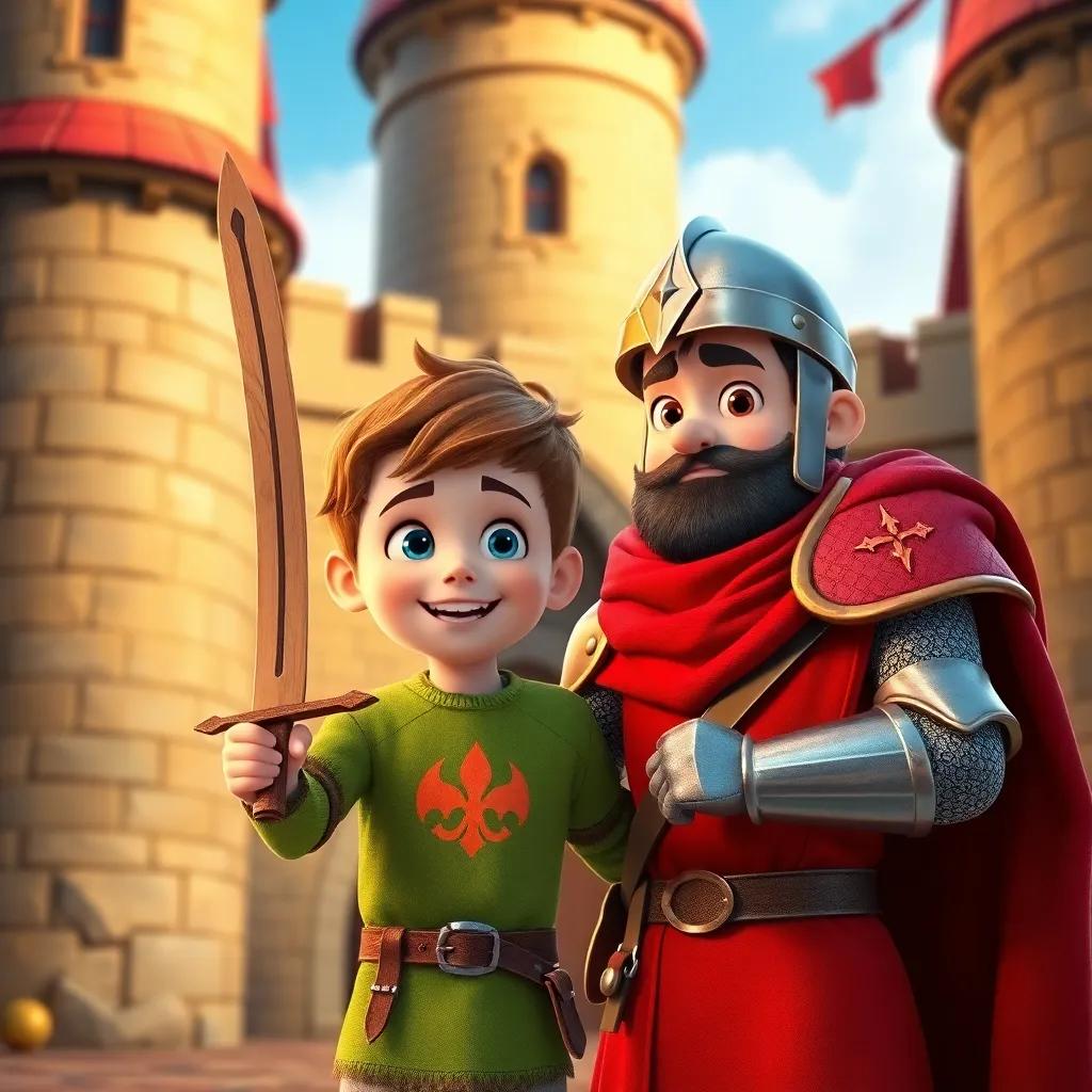 Timmy holding a wooden sword, feeling like a brave knight next to Lancelot, colorful castle with stone walls, digital art, fun atmosphere, warm colors, high quality