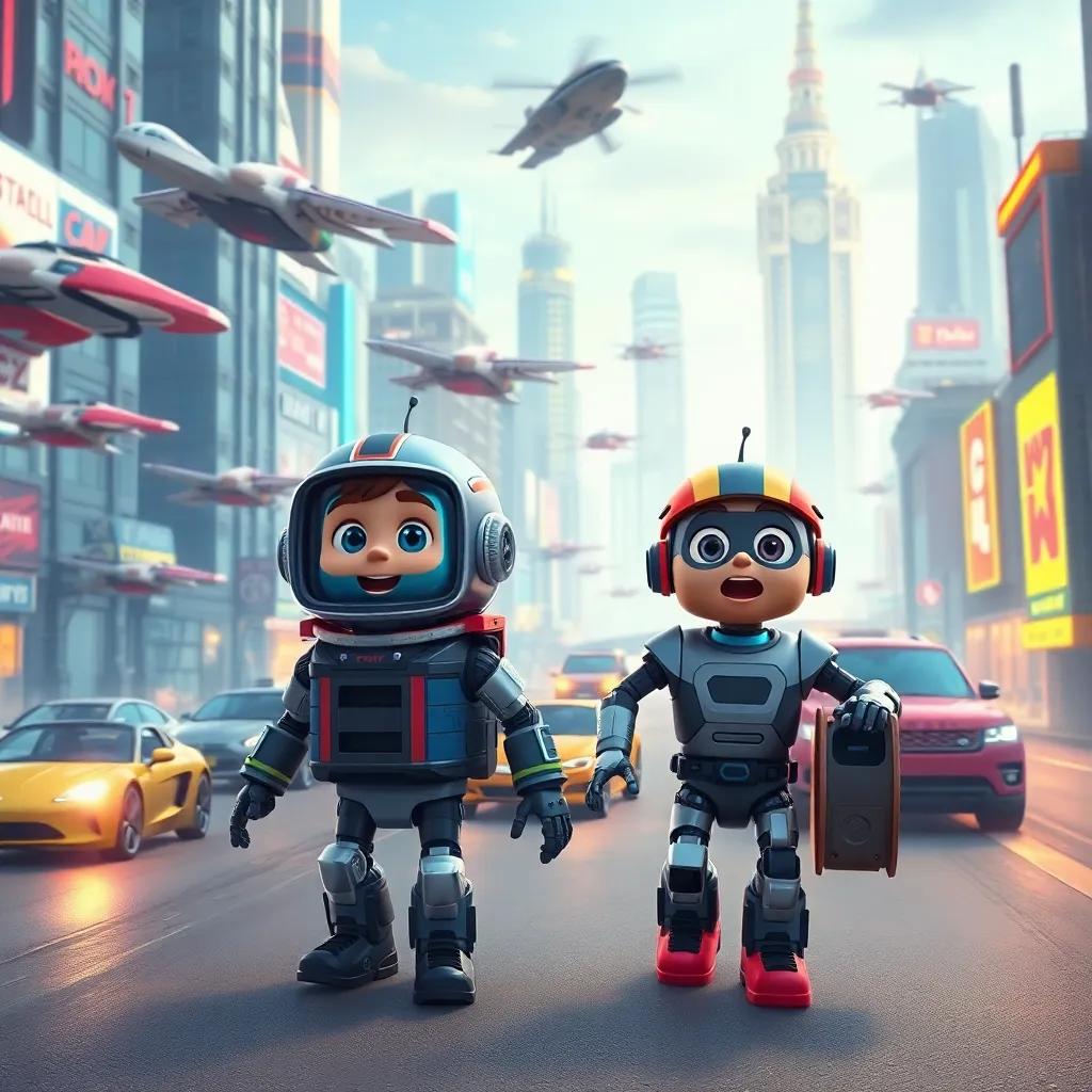 Timmy and the robot arriving in the future, surrounded by flying cars and robots, amazed expressions, colorful futuristic cityscape, digital art, bright and imaginative, high quality