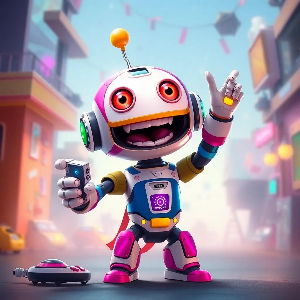 Zippy, a cheerful futurist robot, showing Timmy futuristic gadgets, mixed colors, excitement in the air, digital art, lively scene, bright colors, high quality