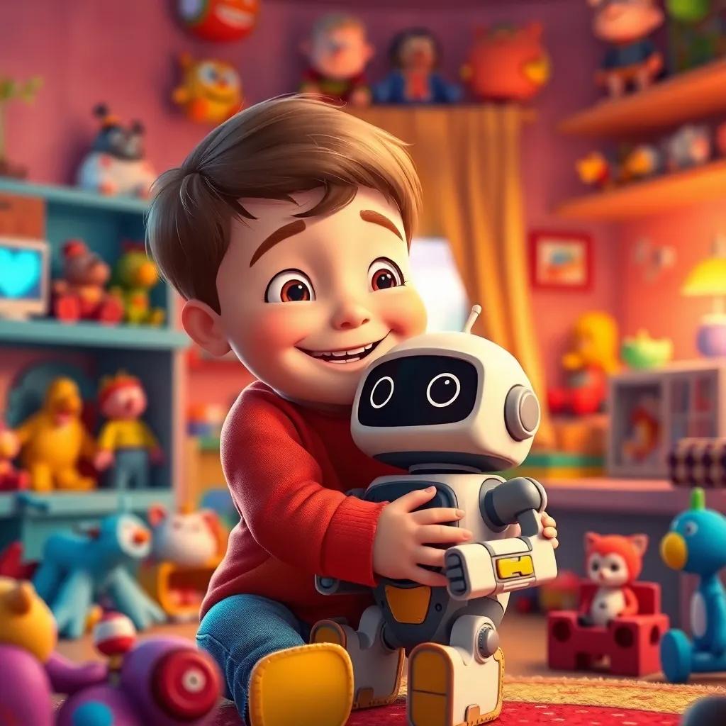 Timmy hugging his toy robot in his colorful room, filled with toys, reflecting on their adventures, happy and content expression, digital art, warm tones, cozy atmosphere, high quality