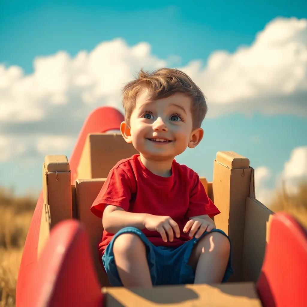 A curious boy, Timmy, with short brown hair, wearing a bright red t-shirt and blue shorts, sitting in a homemade rocket ship made from boxes, with clouds and a blue sky, cheerful atmosphere, vibrant colors, warm sunlight, high quality