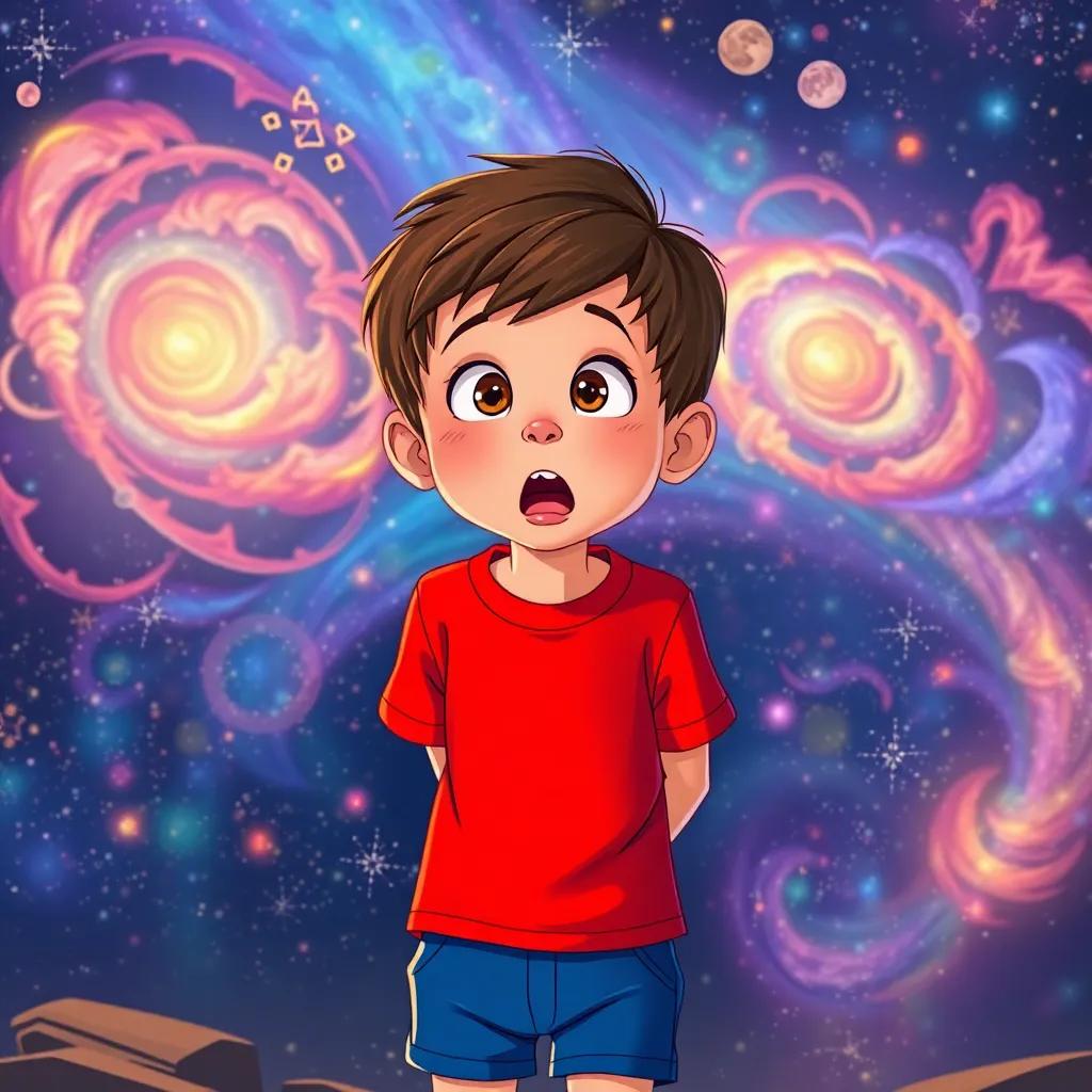 Timmy, a curious boy with short brown hair in a bright red t-shirt and blue shorts, at the edge of a colorful universe filled with swirling stars and galaxies, amazed expression, fantastical colors, dreamlike scenery, detailed illustration