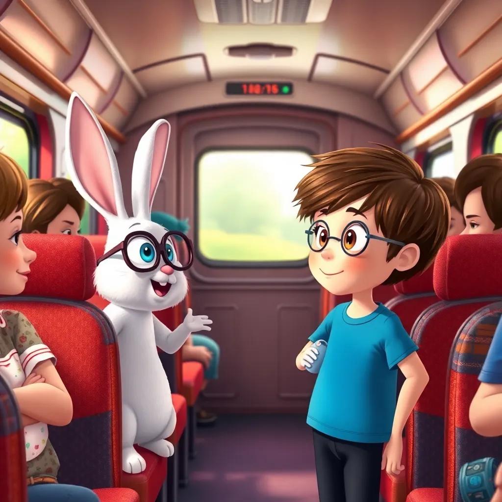 Inside the train, Timmy with brown hair, wearing a bright blue t-shirt, is amazed as he meets a talking rabbit named Benny with white fur and glasses, surrounded by colorful seats and happy passengers, illustration, lively atmosphere, child-friendly, engaging detail