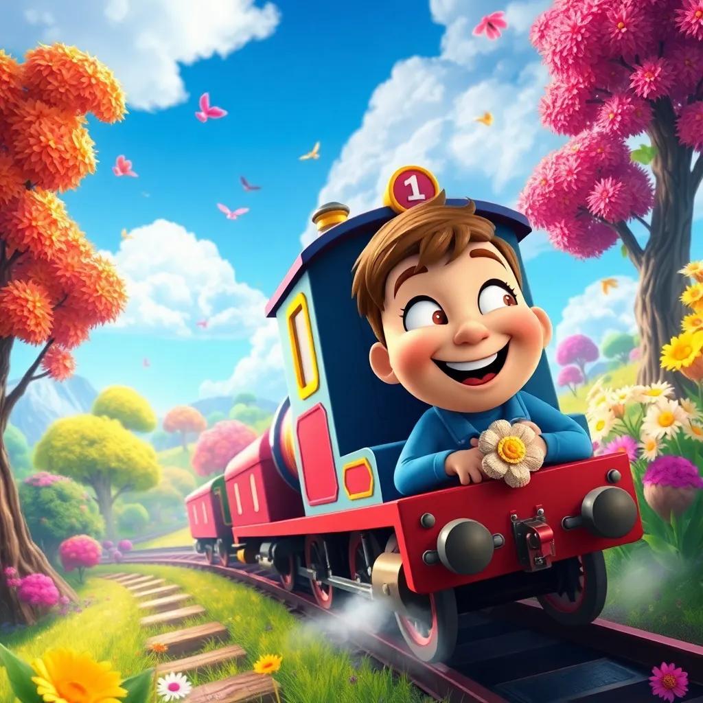 A magical landscape with trees dancing and flowers singing, bright colors all around, Timmy with a joyful expression, riding alongside the train as they soar through the sky, digital painting, imaginative, cheerful, high detail