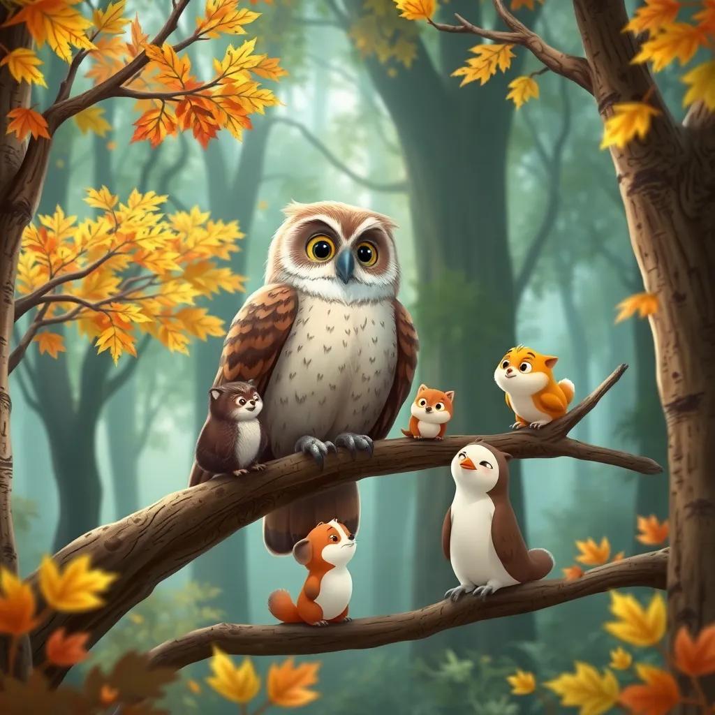 A wise old owl sitting on a branch, talking with Timmy and his animal friends, surrounded by trees that are losing their colors, illustrated in a forest with soft, magical light, whimsical, inviting atmosphere, engaging detail