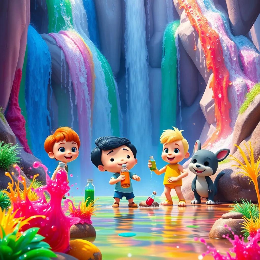 Timmy and friends at the Rainbow Waterfall, gathering colors in special bottles, surrounded by flowing vibrant colors and beautiful landscapes, joyful atmosphere, colorful splashes, engaging and vibrant