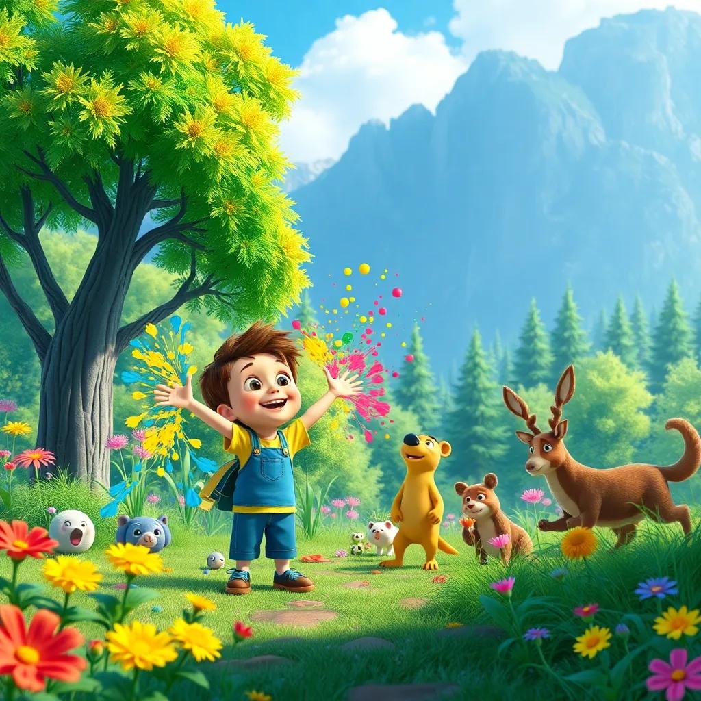 Timmy and his friends splashing colors onto the trees and flowers, restoring the forest to a beautiful, lively landscape, the animals cheering, a magical scene, bright and cheerful, digital art, heartwarming