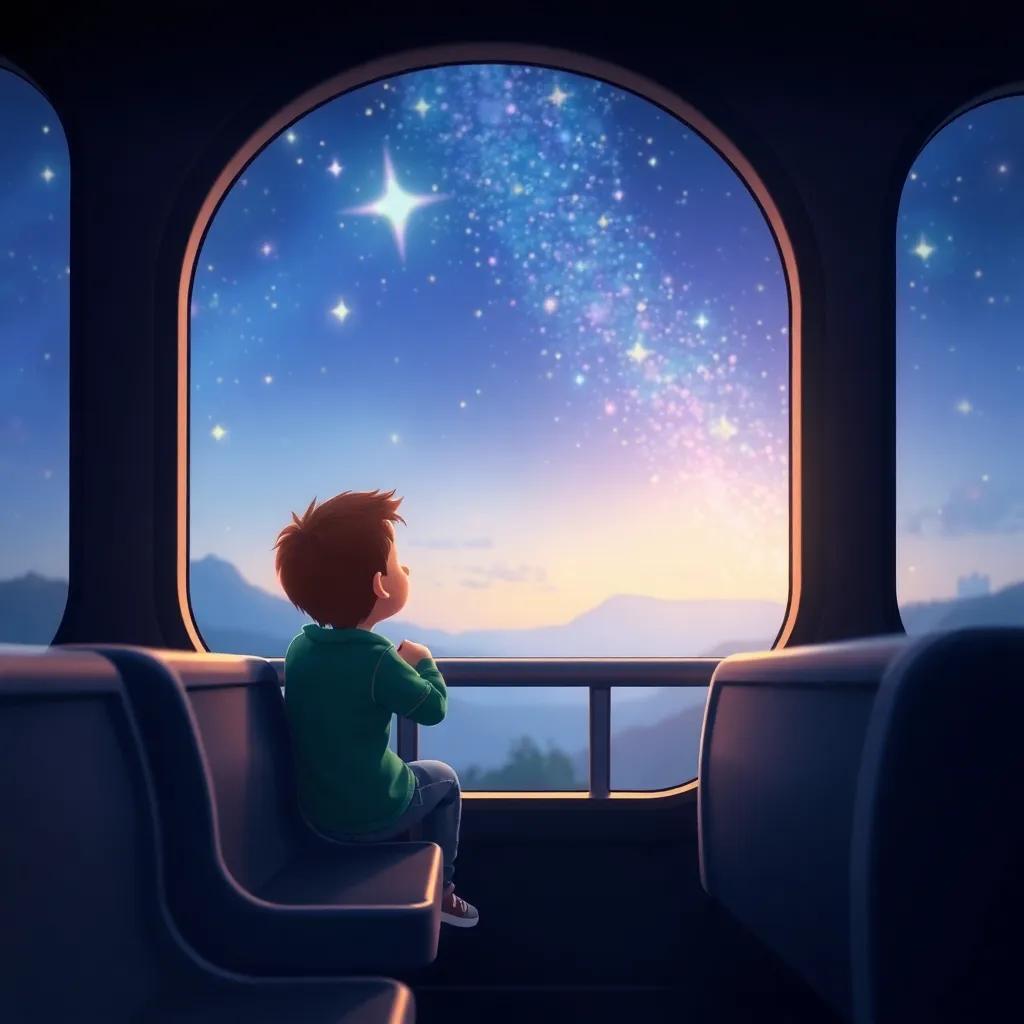 Timmy sitting on the train looking out as the sky turns into stars, with the train moving towards home, a serene and dreamlike vibe, glowing stars and gentle colors, enchanting atmosphere, high quality