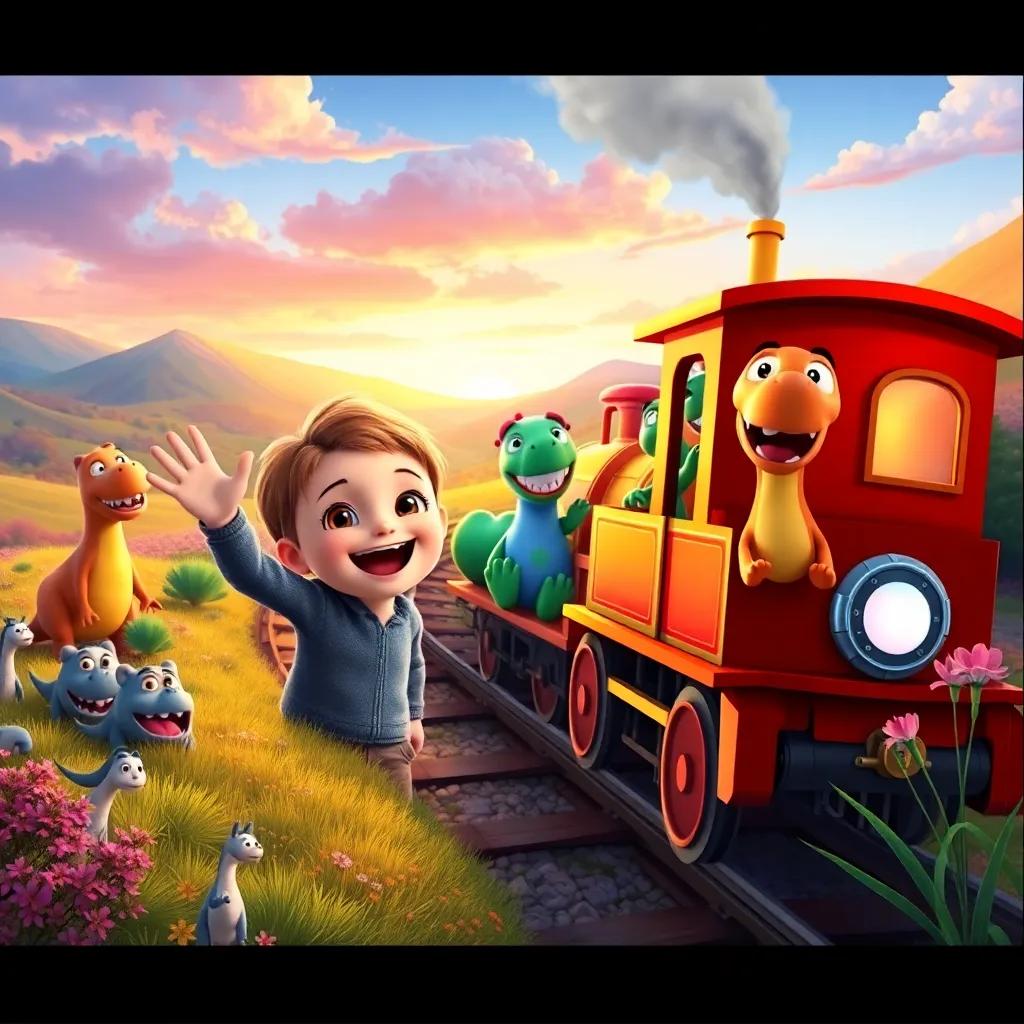 Timmy waving goodbye to Dino and his friends as the magical train departs, surrounded by a colorful landscape, a heartwarming scene, joyful expressions, bright colors, digital painting, memorable and enchanting