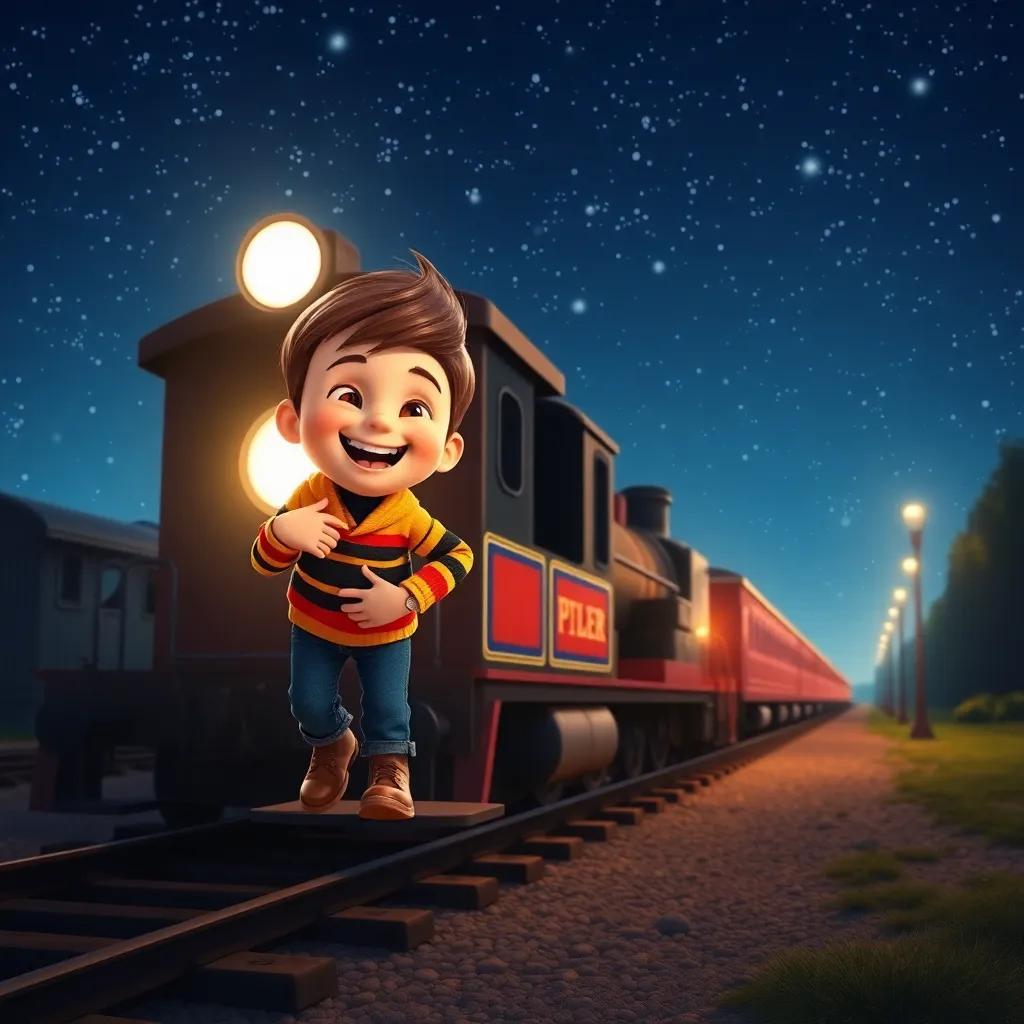 Timmy hopping off the train, smiling with excitement, a night sky filled with stars as a backdrop, the train shining softly, a dreamlike atmosphere, inviting and warm, high detail