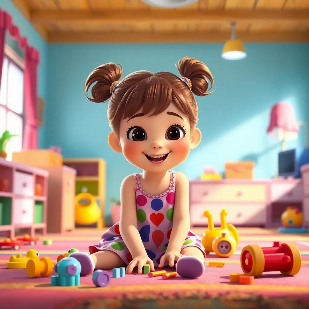 A cheerful girl named Tina, with brown hair in pigtails, wearing a colorful dress, playing with toys on the floor, bright and colorful room, joyful scene, digital art, cheerful colors, warm lighting, engaging atmosphere
