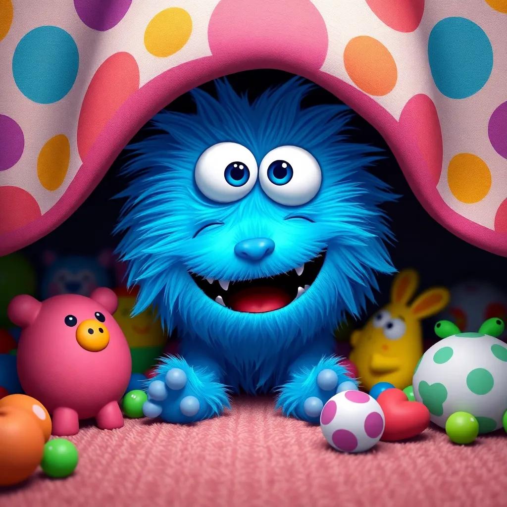 The Tickle Monster, a small fluffy creature with bright blue fur and big round eyes, hiding under the bed, grinning widely, colorful toys surrounding him, whimsical feel, cheerful digital art, playful vibe, fun perspective