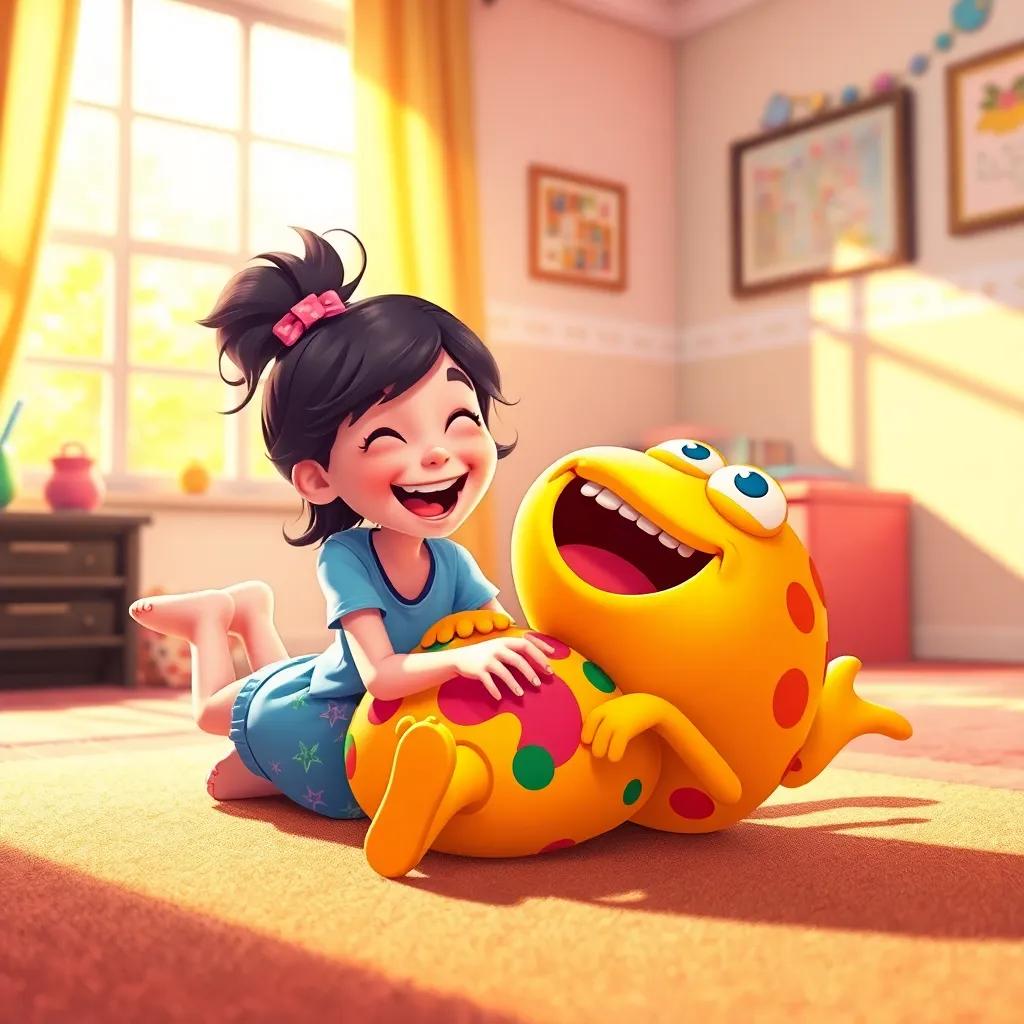 Tina and Tiko, the Tickle Monster, rolling on the floor together, both laughing joyfully, bright sunlight coming through the window, colorful room, happiness captured, digital illustration, vivid colors, high quality