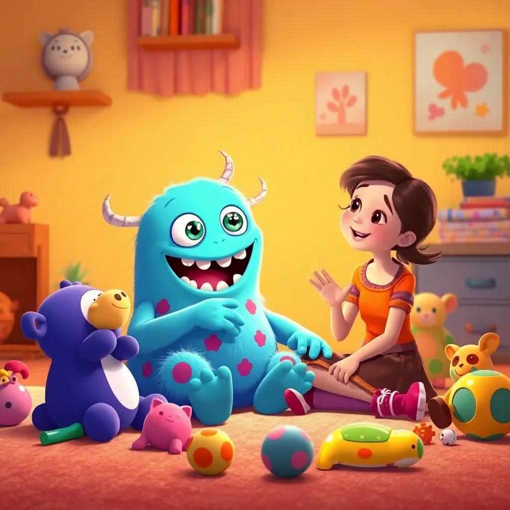 Tiko, the Tickle Monster with a sparkle in his eyes, sitting with Tina on the floor, surrounded by colorful toys, discussing tickling adventures, happy atmosphere, cheerful art style, warm colors, inviting view