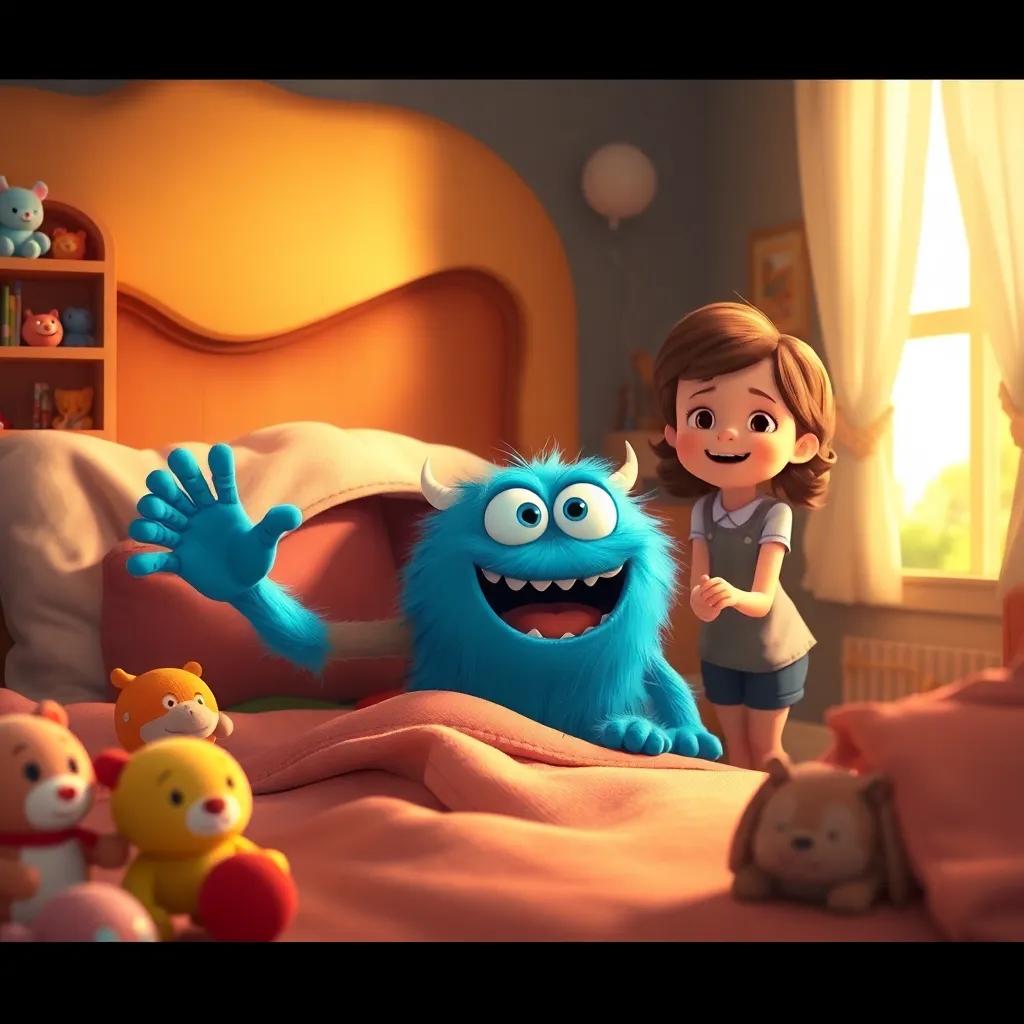 Tiko the Tickle Monster waving goodbye under the bed, Tina looking excited, a cozy room filled with toys and laughter echoes, soft golden light, heartwarming imagery, digital art, friendly feel, charming scene
