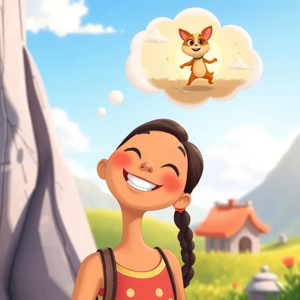 Tina smiling happily, thinking about her adventure with Tiko, a thought bubble showing Tiko dancing in the sunshine, bright and cheerful colors, whimsical style, imaginative view, heartwarming illustration