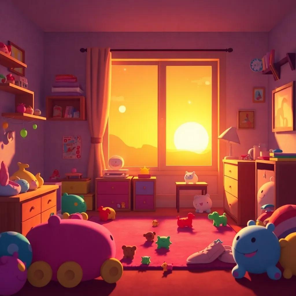 Tina's room, filled with toys and laughter, sun setting outside the window, a warm glow in the space, hinting at a new tickle adventure to come, soothing colors, inviting atmosphere, engaging illustration