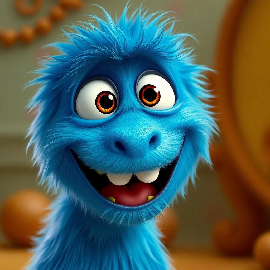 A close-up of the Tickle Monster, Tiko, with his bright blue fur and happy eyes, embodying joy and laughter, whimsical background, playful details, charming and friendly illustration, digital art, enchanting feel