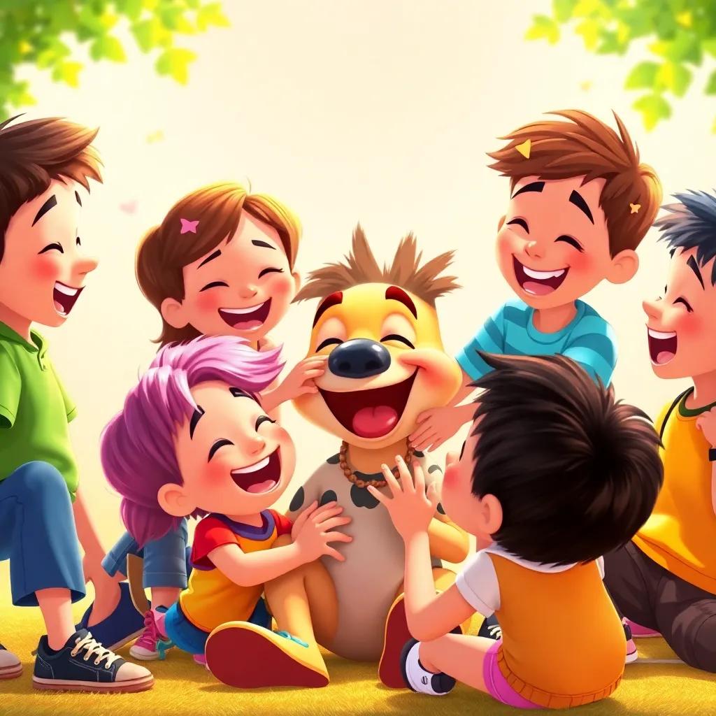 A playful scene of the kids laughing and tickling each other with Tiko in the center, bright colors, joyous atmosphere, capturing the spirit of friendship and fun, vibrant art style, lively energy