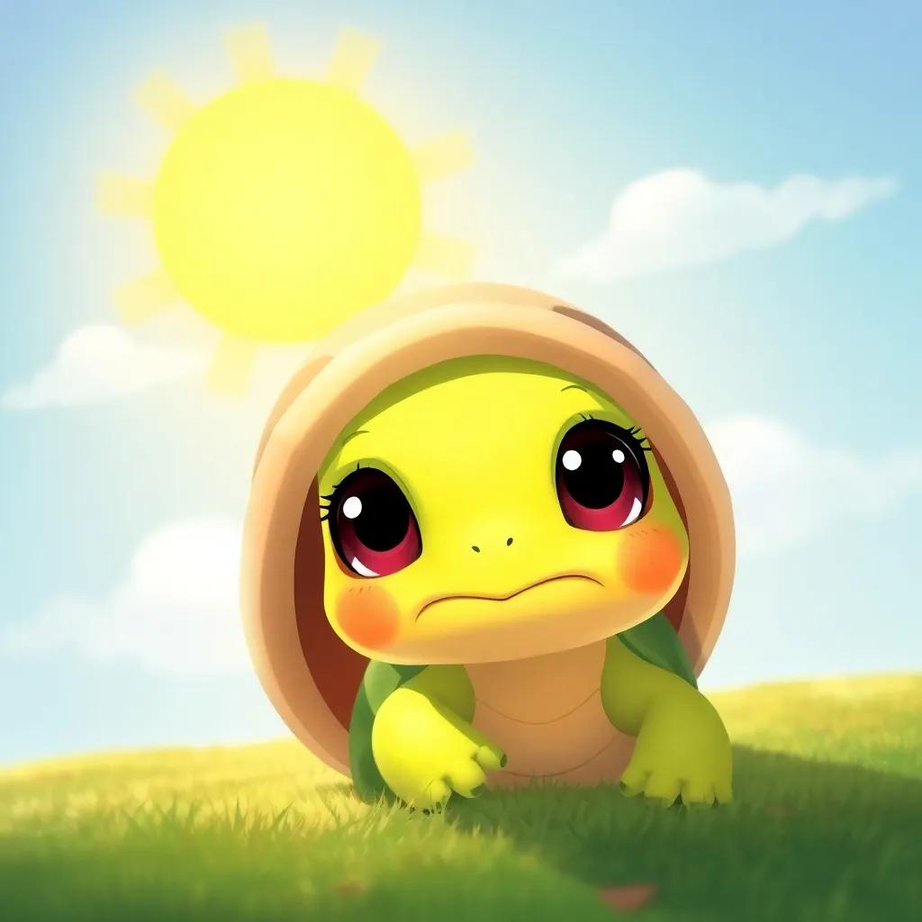 A little turtle named Tina, with a green shell and big eyes, looking out from her cozy shell under a sunny sky, digital art, vibrant colors, cheerful atmosphere, high quality