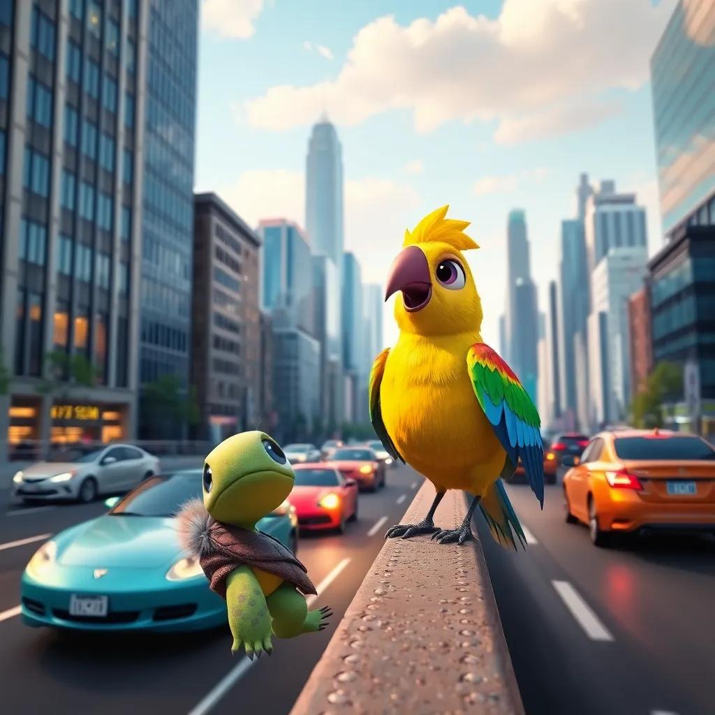 Tina the turtle and Bella the colorful bird at the edge of a busy city with tall buildings and zooming cars, digital art, lively colors, dynamic perspective, high quality