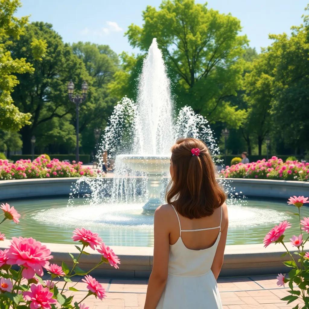 Tina watching a sparkling fountain in a park, water splashing in the sunlight, flowers blooming around, digital art, bright colors, joyful mood, high quality