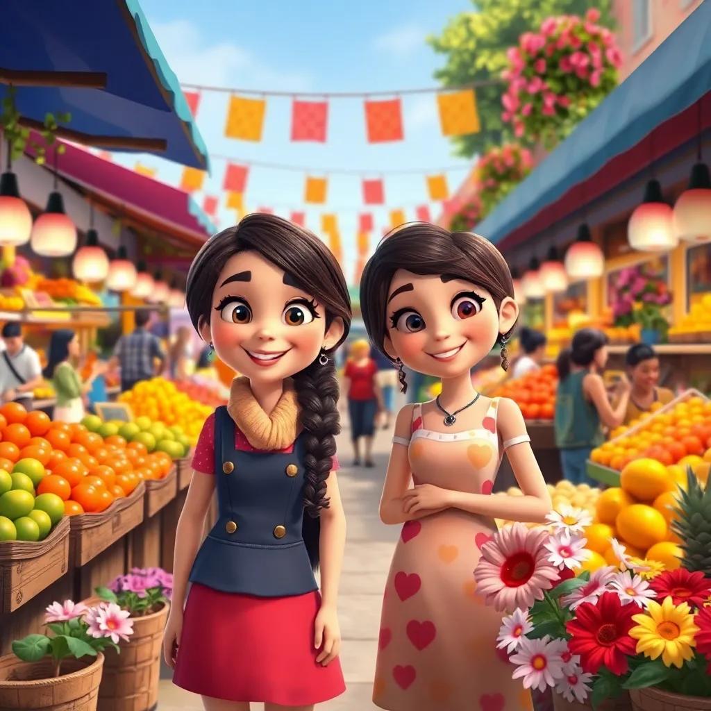 Tina and Bella at a colorful market with fruit stalls and flowers, vibrant colors, cheerful people, digital art, inviting atmosphere, high quality